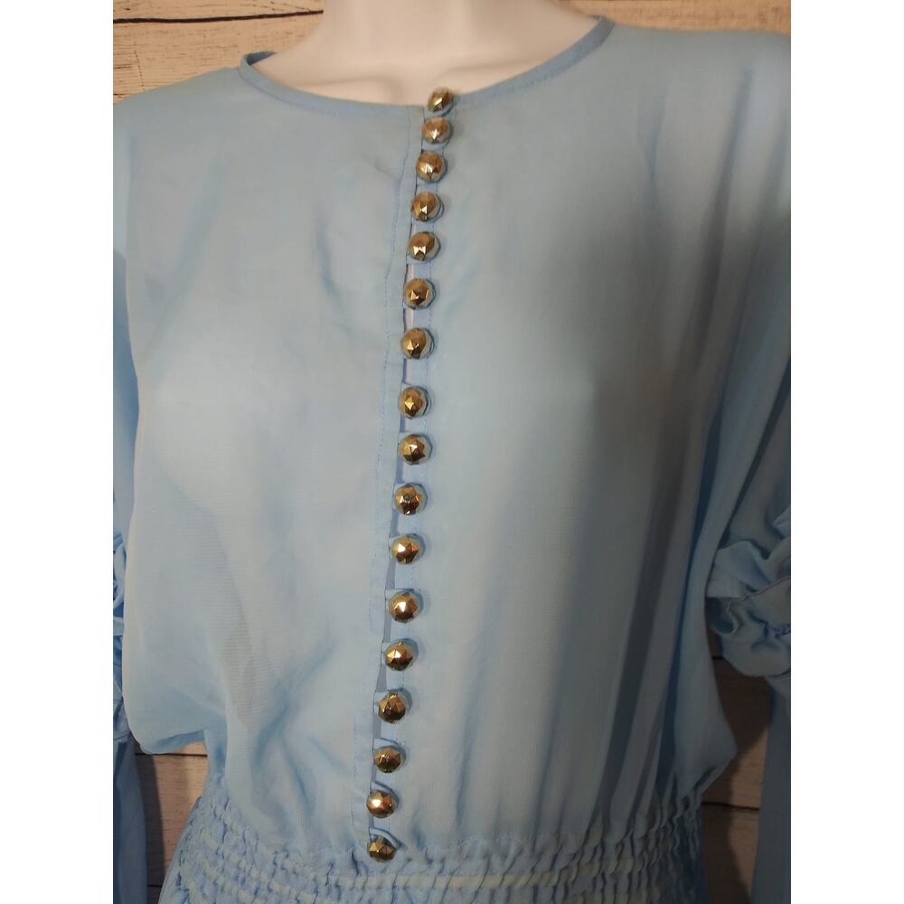 Elena Guranda Blue Ruffled Dress Semi Sheer Balloon Sleeve Sz Medium - Picture 9 of 14